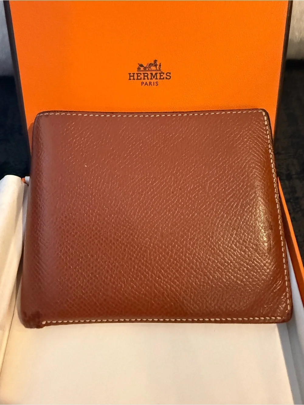 Hermes Men's Cognac Leather Bi-Fold Wallet